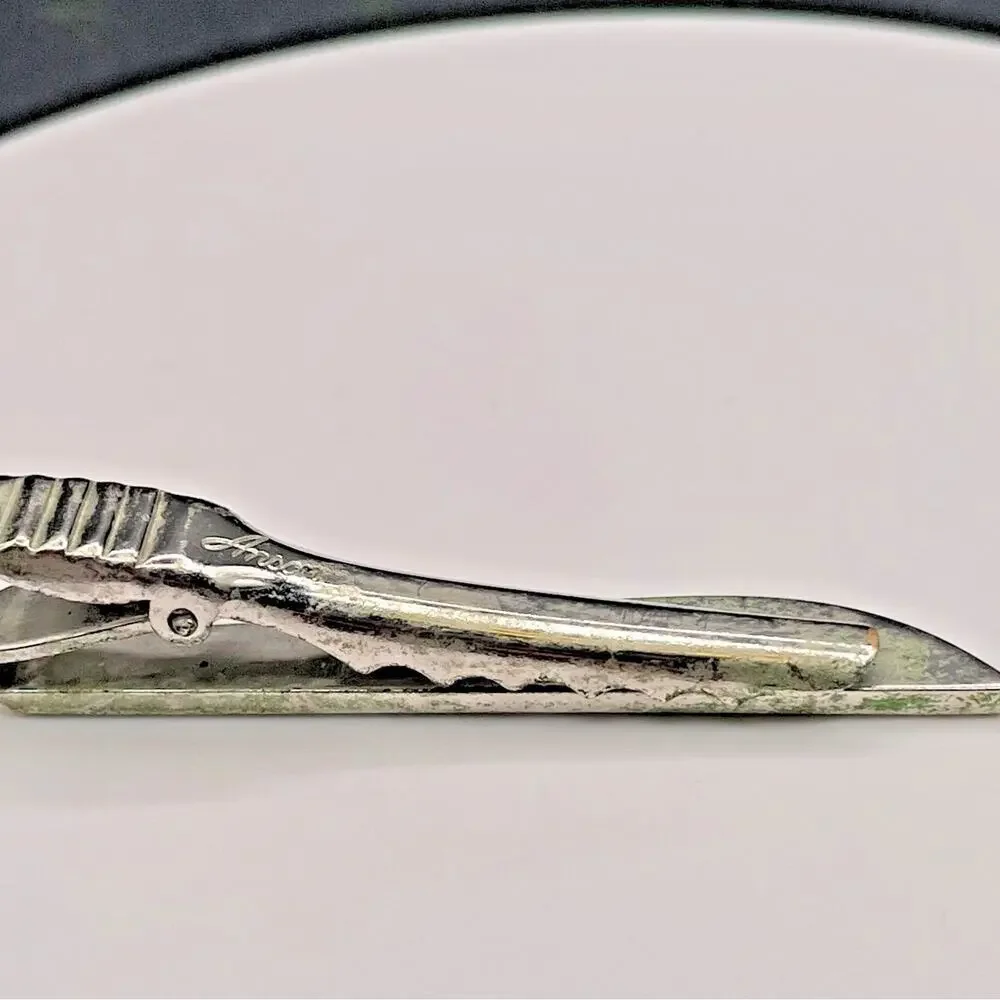 Vintage Anson Silver Tone Tie Clip Bar Ridged Texture Formal Men's Accessory